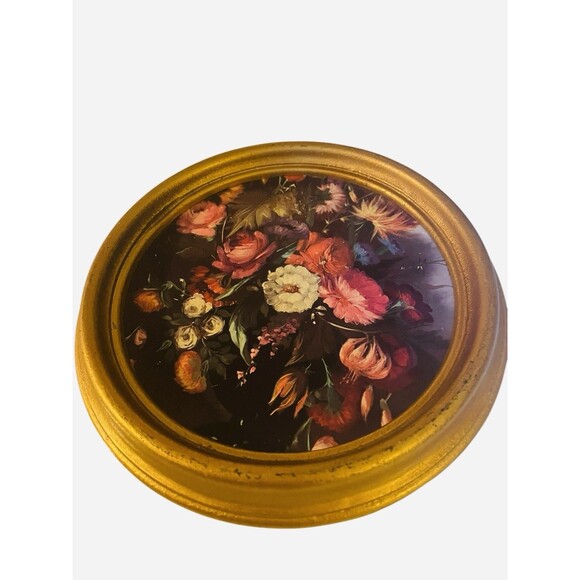 Vintage Florentine Mini Floral Round Gold Framed Wall Hanging Made In Italy 7” - Picture 3 of 6